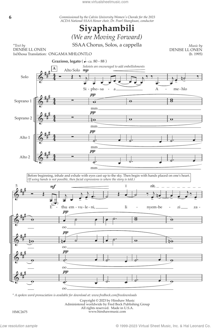 Siyaphambili (We Are Moving Forward) sheet music for choir (SSAA: soprano, alto) by Denise LL Onen, intermediate skill level