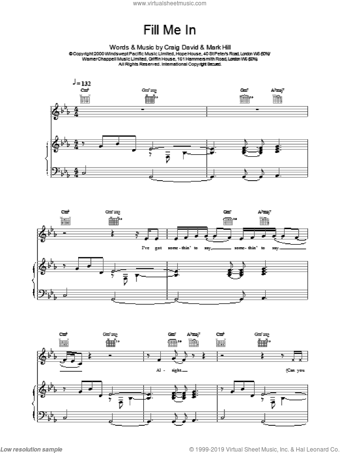 Fill Me In sheet music for voice, piano or guitar by Craig David, intermediate skill level