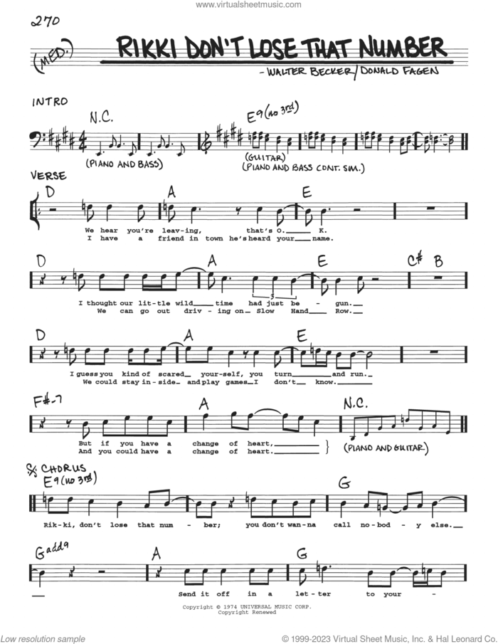 Rikki Don't Lose That Number sheet music for voice and other instruments (real book with lyrics) by Steely Dan, Donald Fagen and Walter Becker, intermediate skill level