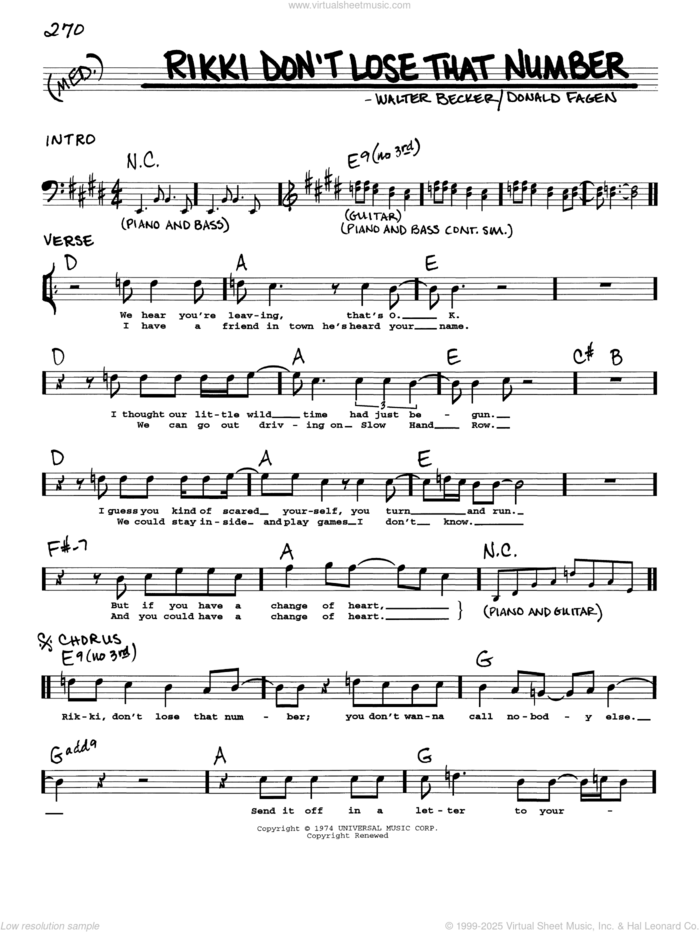 Rikki Don't Lose That Number sheet music for voice and other instruments (real book with lyrics) by Steely Dan, Donald Fagen and Walter Becker, intermediate skill level