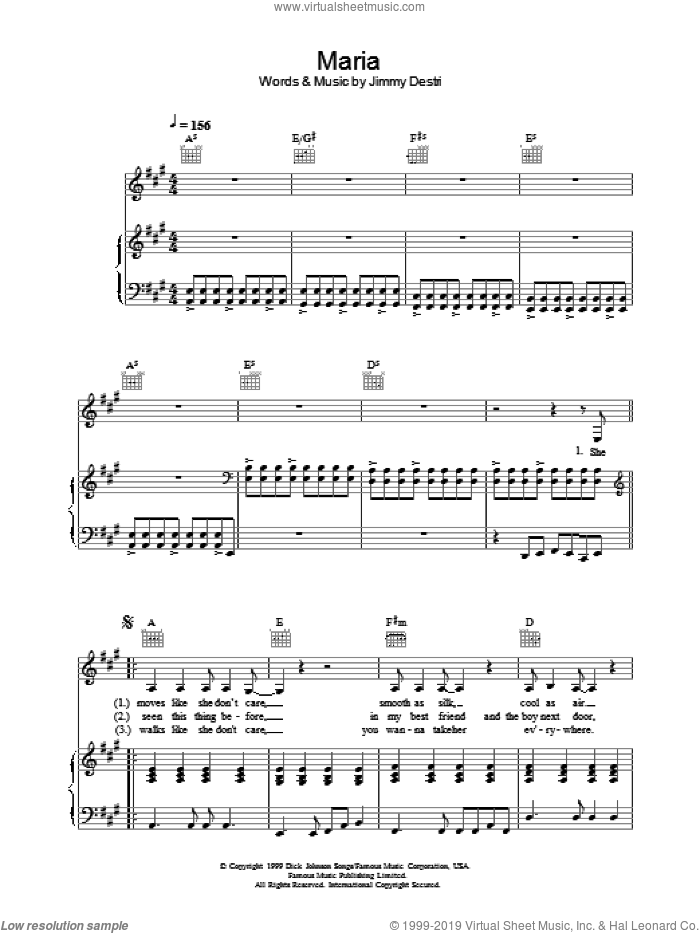 Maria sheet music for voice, piano or guitar by Blondie, intermediate skill level