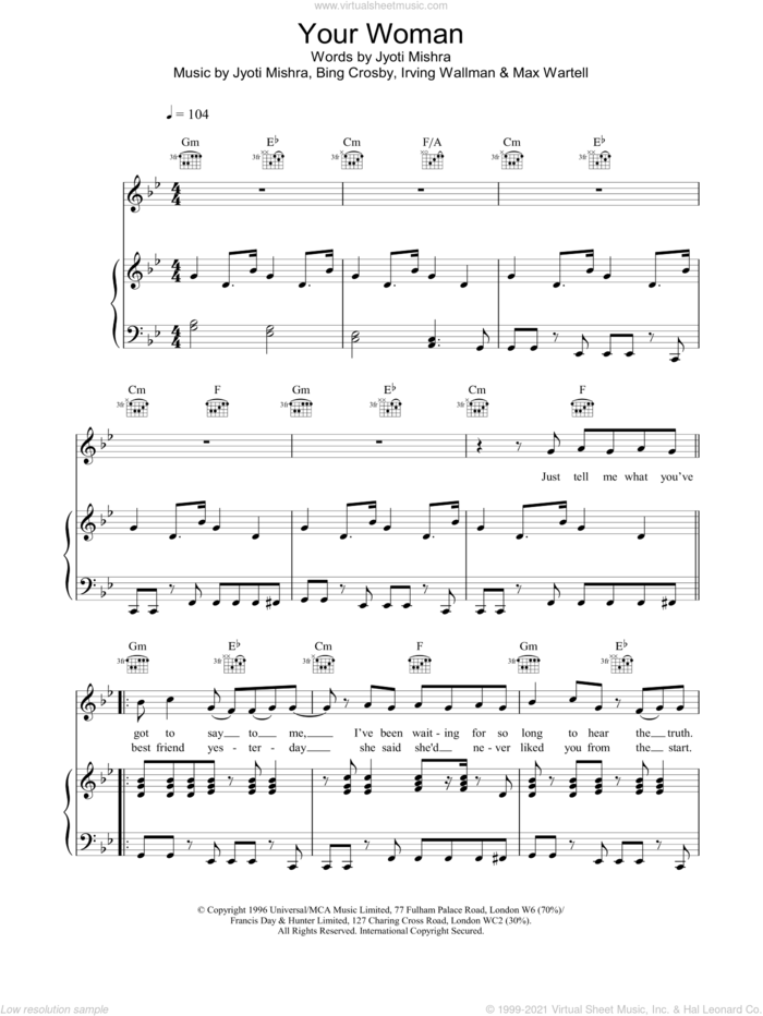Your Woman sheet music for voice, piano or guitar by White Town, intermediate skill level