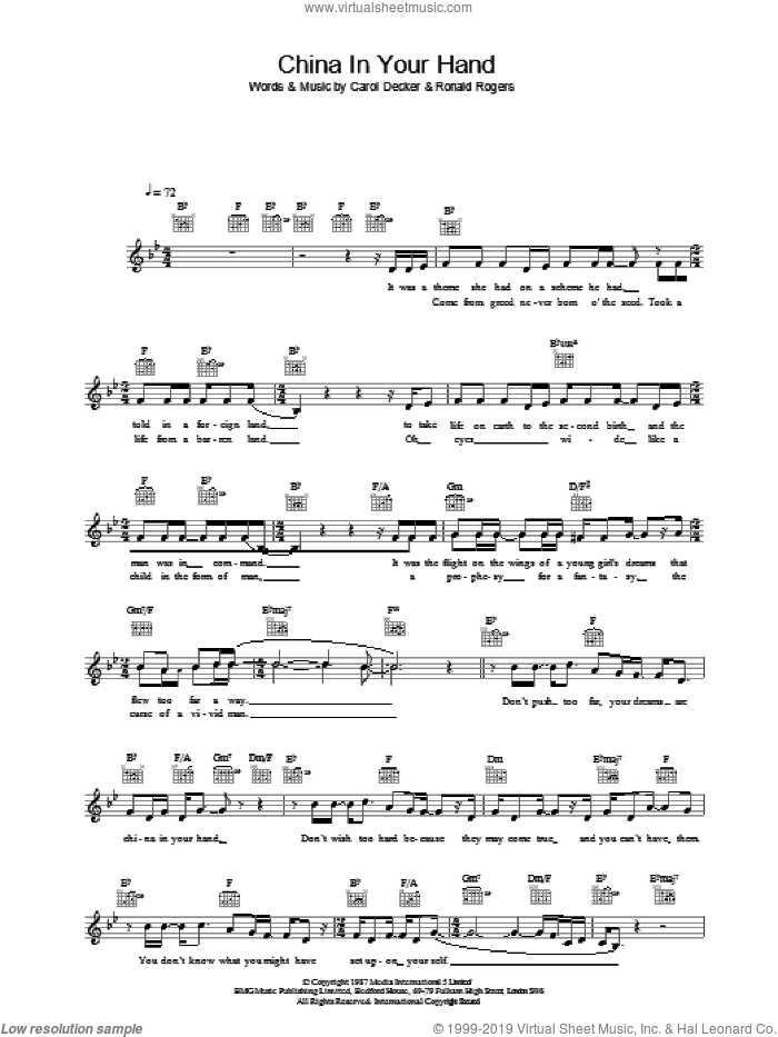 China In Your Hand sheet music for voice and other instruments (fake book) by T'Pau, intermediate skill level