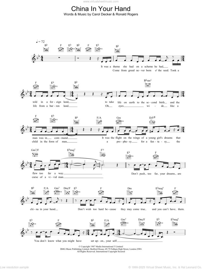 China In Your Hand sheet music for voice and other instruments (fake book) by T'Pau, intermediate skill level