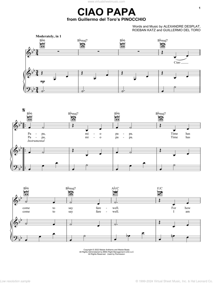Ciao Papa (from Guillermo del Toro's Pinocchio) sheet music for voice, piano or guitar by Alexandre Desplat, Guillermo del Toro and Roeban Katz, intermediate skill level