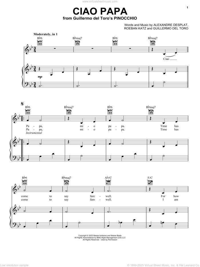 Ciao Papa (from Guillermo del Toro's Pinocchio) sheet music for voice, piano or guitar by Alexandre Desplat, Guillermo del Toro and Roeban Katz, intermediate skill level