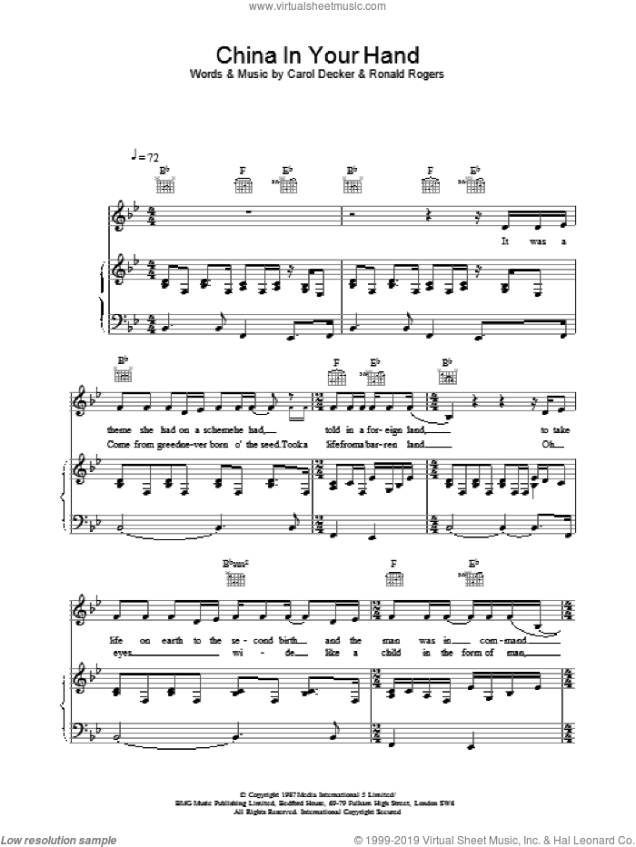 China In Your Hand sheet music for voice, piano or guitar by T'Pau, intermediate skill level