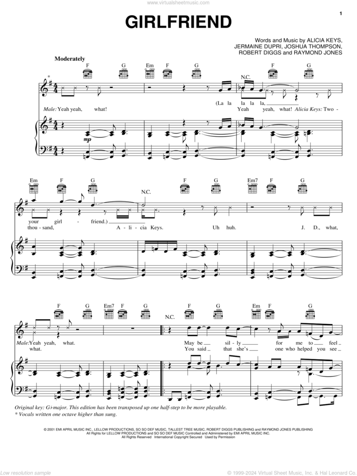 Girlfriend sheet music for voice, piano or guitar by Alicia Keys, Jermaine Dupri and Joshua Thompson, intermediate skill level