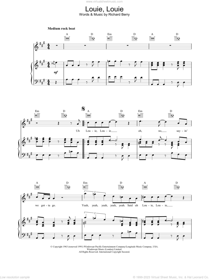 Louie, Louie sheet music for voice, piano or guitar by The Kingsmen and Richard Berry, intermediate skill level