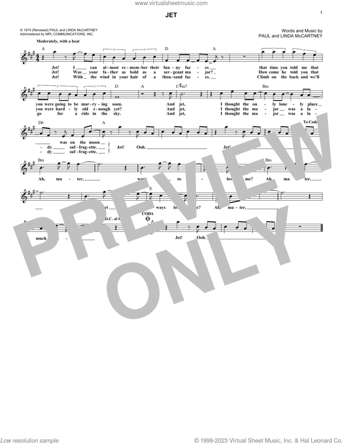 Jet sheet music for voice and other instruments (fake book) by Wings, Linda McCartney and Paul McCartney, intermediate skill level