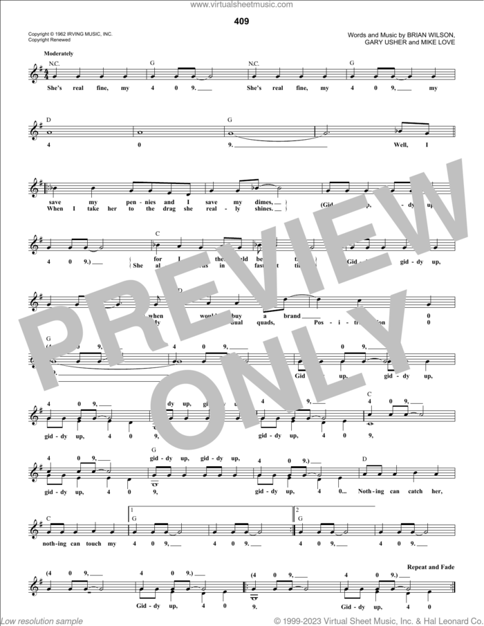 409 sheet music for voice and other instruments (fake book) by The Beach Boys, Brian Wilson, Gary Usher and Mike Love, intermediate skill level