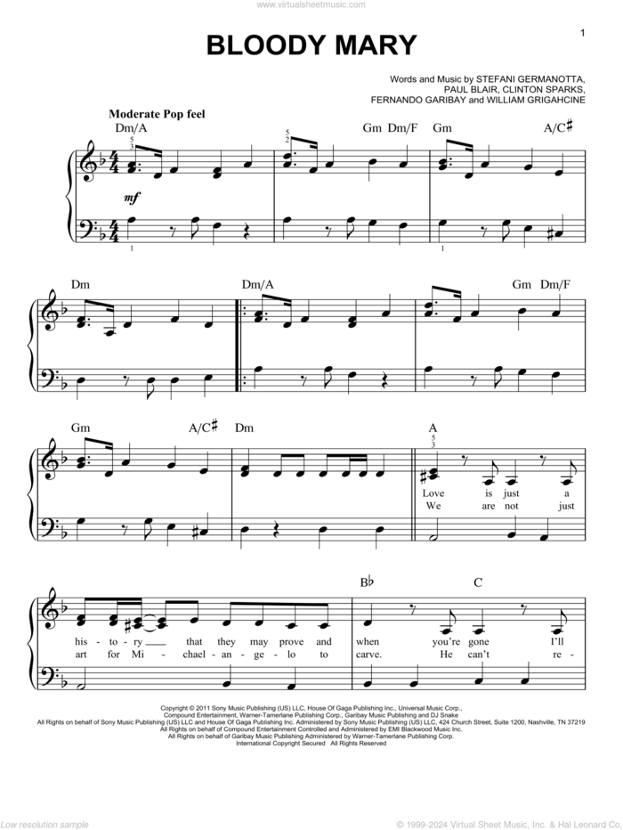 Bloody Mary sheet music for piano solo by Lady Gaga, Clinton Sparks, Fernando Garibay, Paul Blair and William Grigahcine, easy skill level