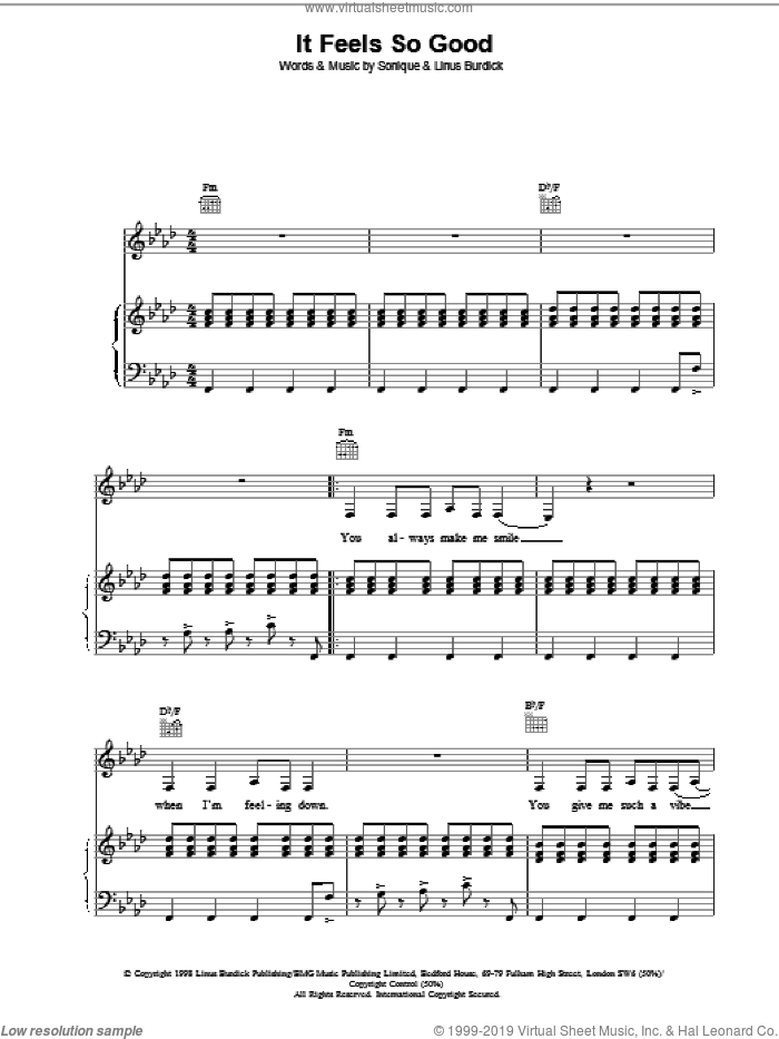 It Feels So Good sheet music for voice, piano or guitar by Sonique, intermediate skill level