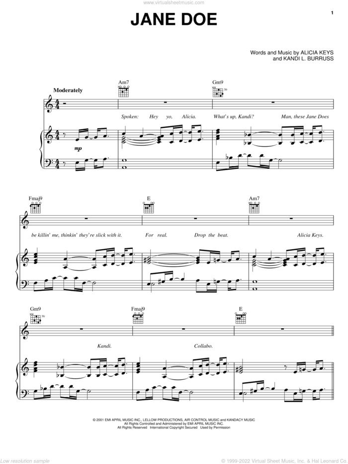 Jane Doe sheet music for voice, piano or guitar by Alicia Keys and Kandi L. Burruss, intermediate skill level
