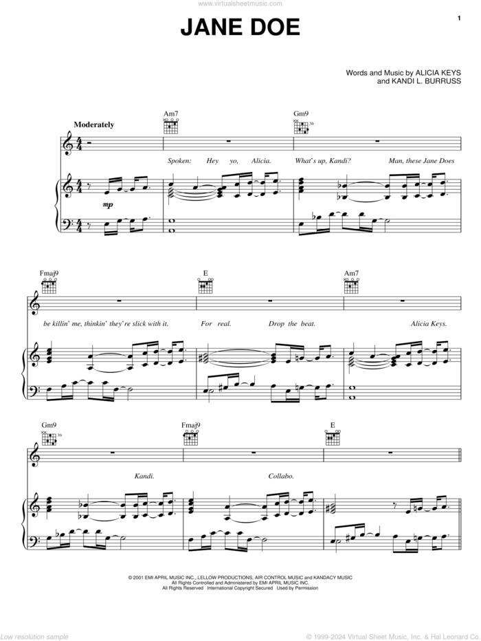 Jane Doe sheet music for voice, piano or guitar by Alicia Keys and Kandi L. Burruss, intermediate skill level