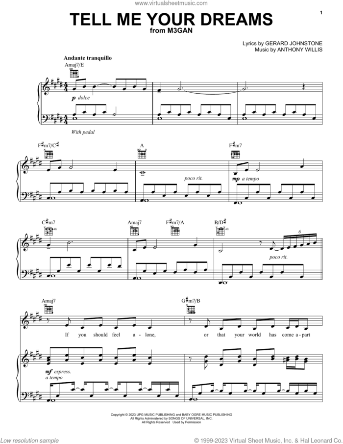 Tell Me Your Dreams (from M3GAN) sheet music for voice, piano or guitar by Anthony Willis and Gerard Johnstone, intermediate skill level