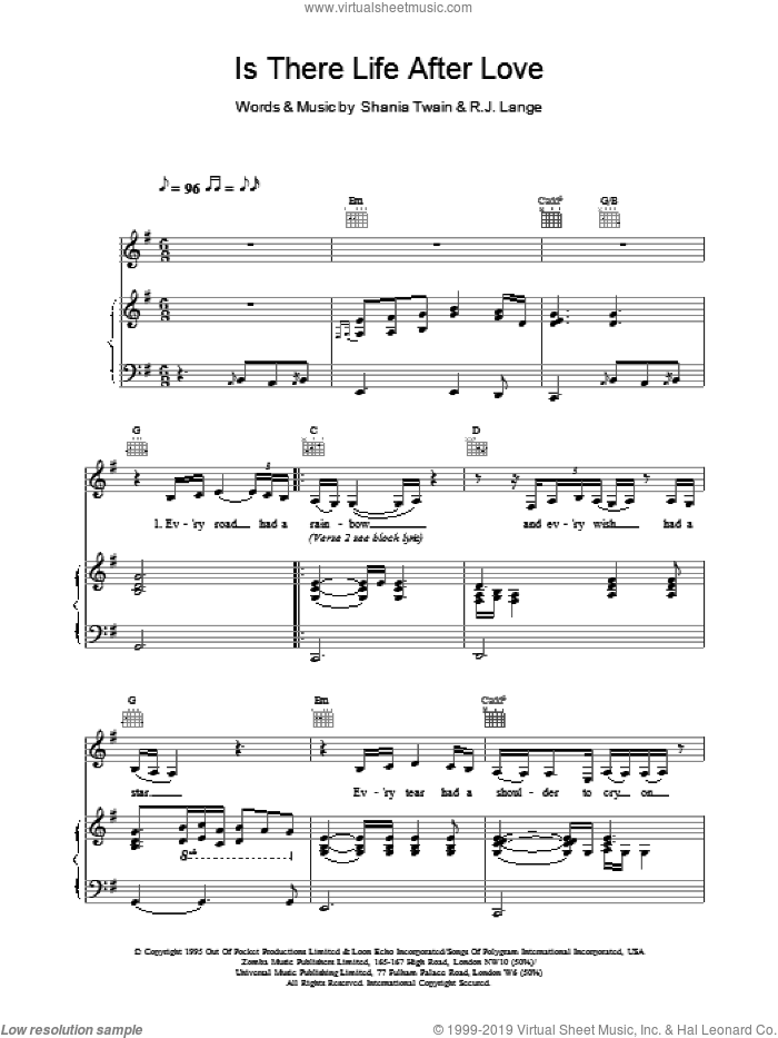 Is There Life After Love sheet music for voice, piano or guitar by Shania Twain, intermediate skill level