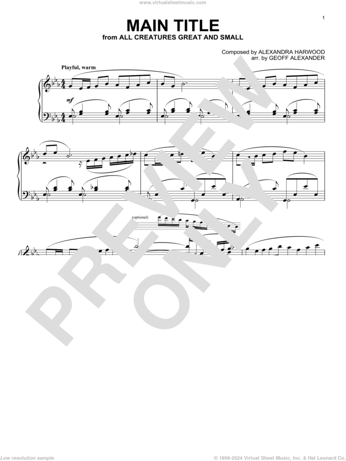 All Creatures Great And Small (Main Title), (intermediate) sheet music for piano solo by Alexandra Harwood, intermediate skill level