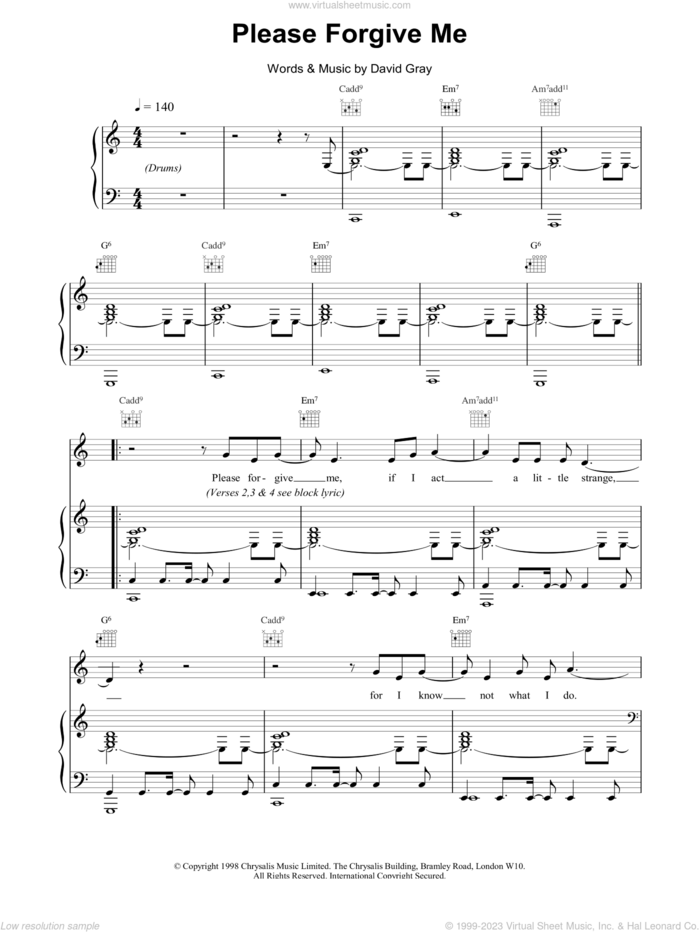 Please Forgive Me sheet music for voice, piano or guitar by David Gray, intermediate skill level