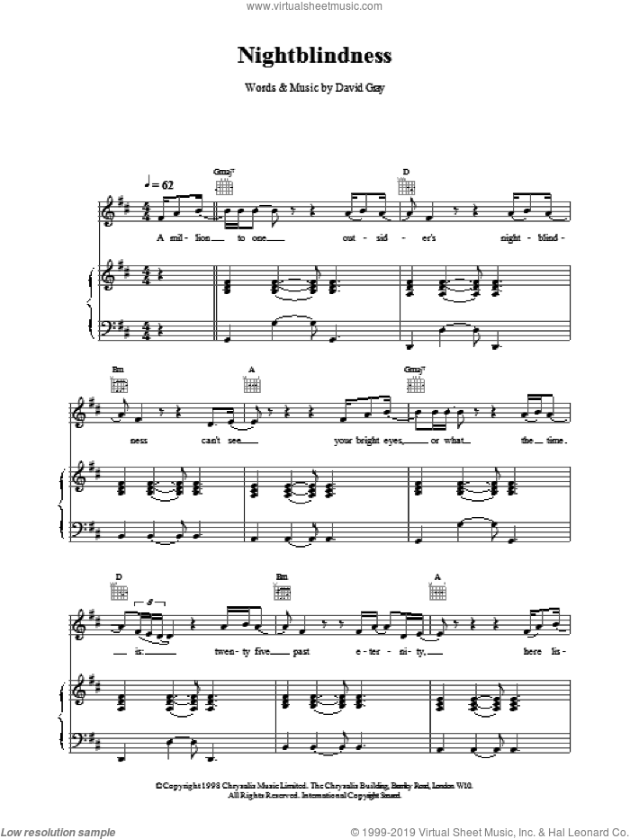 Nightblindness sheet music for voice, piano or guitar by David Gray, intermediate skill level