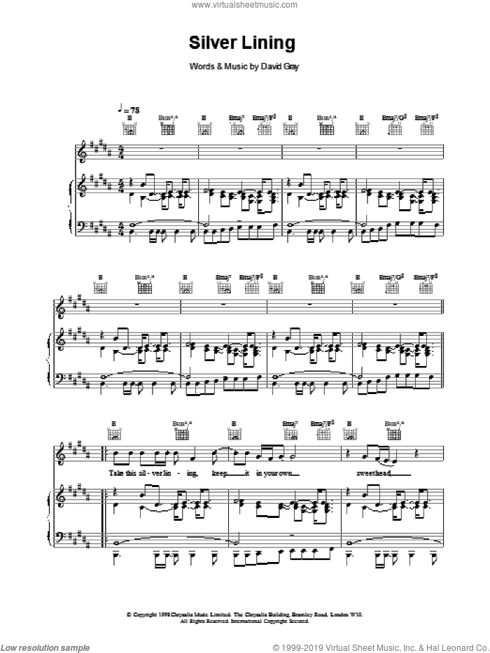 Silver Lining sheet music for voice, piano or guitar by David Gray, intermediate skill level