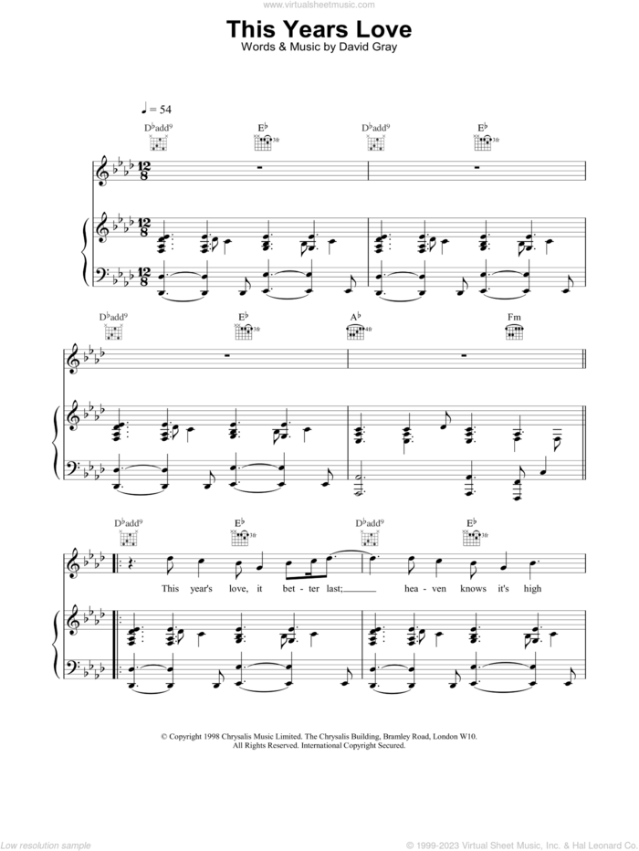 This Year's Love sheet music for voice, piano or guitar by David Gray, intermediate skill level
