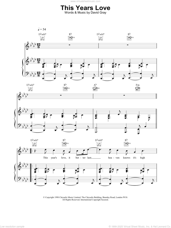 This Year's Love sheet music for voice, piano or guitar by David Gray, intermediate skill level