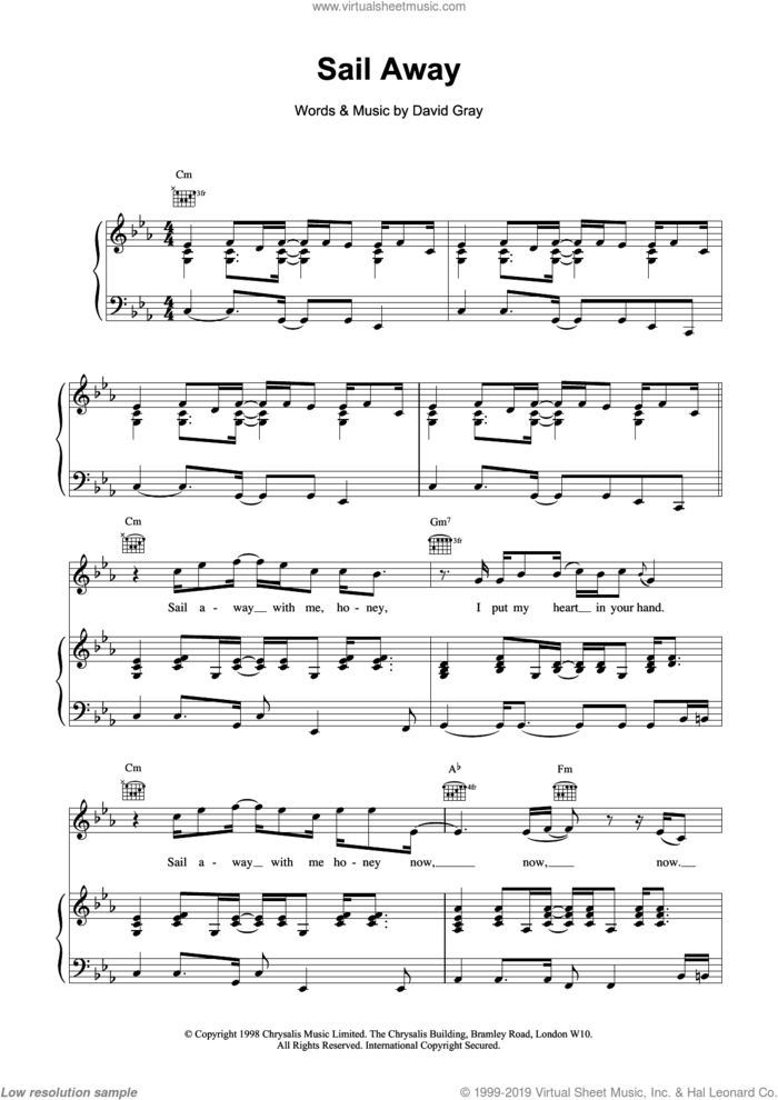 Sail Away sheet music for voice, piano or guitar by David Gray, intermediate skill level