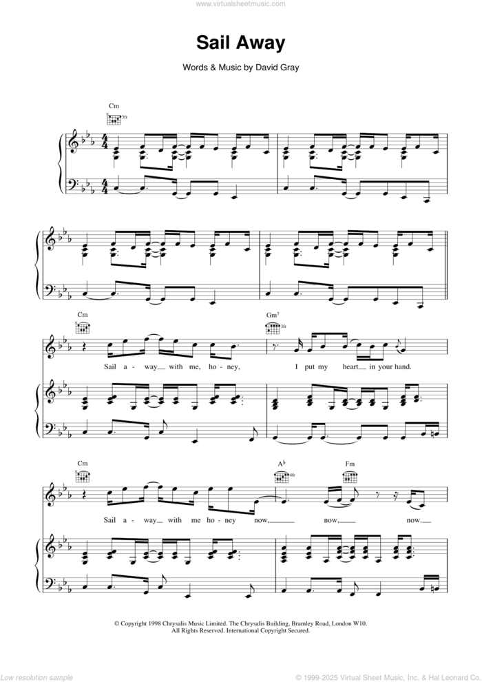 Sail Away sheet music for voice, piano or guitar by David Gray, intermediate skill level