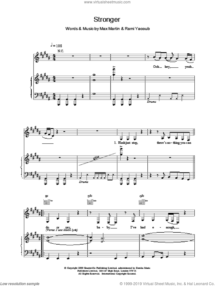 Stronger sheet music for voice, piano or guitar by Britney Spears, intermediate skill level