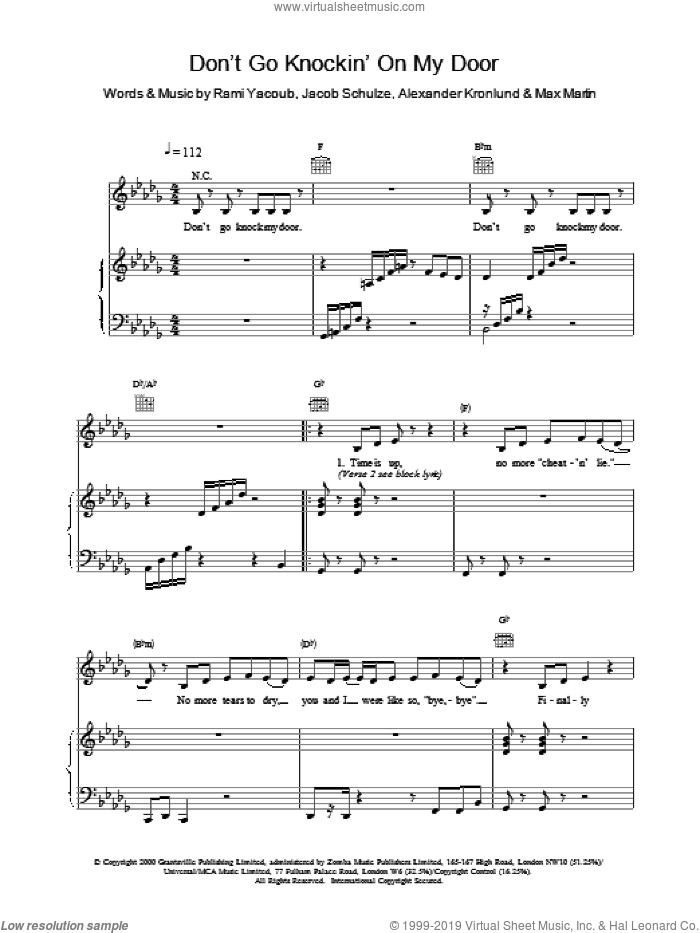 Don't Go Knockin' On My Door sheet music for voice, piano or guitar by Britney Spears, intermediate skill level