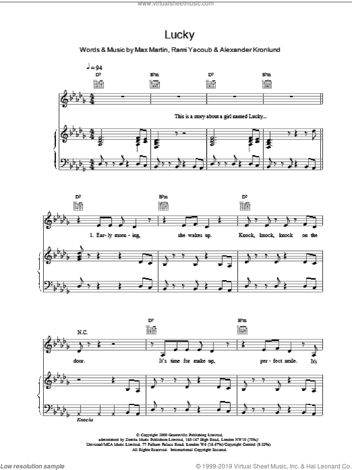 Lucky sheet music for voice, piano or guitar by Britney Spears, intermediate skill level