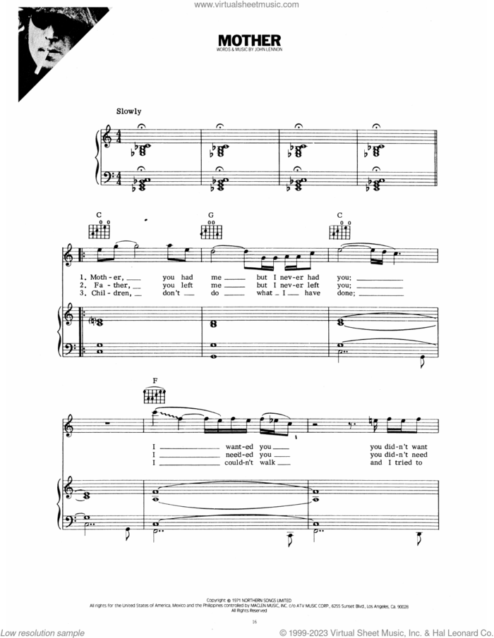 Mother sheet music for voice, piano or guitar by John Lennon, intermediate skill level