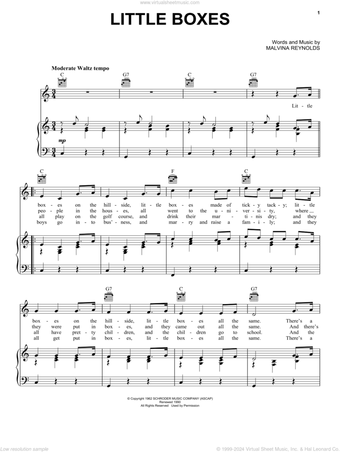 Little Boxes sheet music for voice, piano or guitar by Pete Seeger and Malvina Reynolds, intermediate skill level