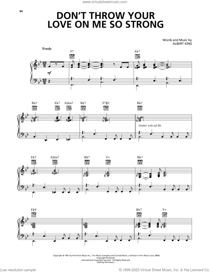 Don't Throw Your Love On Me So Strong sheet music for voice, piano or guitar by Albert King, intermediate skill level