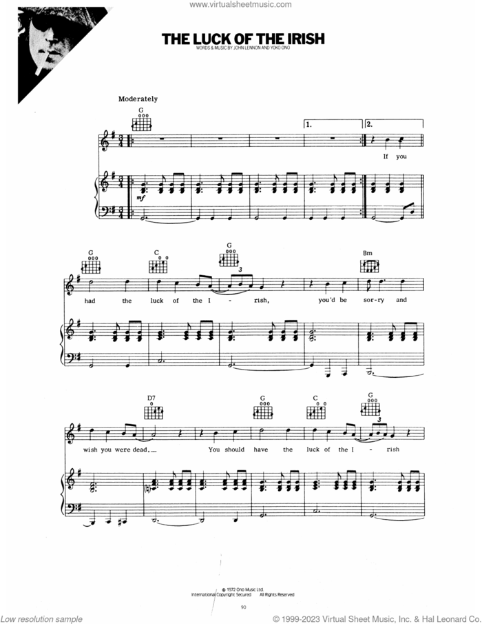 The Luck Of The Irish sheet music for voice, piano or guitar by John Lennon and Yoko Ono, John Lennon and Yoko Ono, intermediate skill level