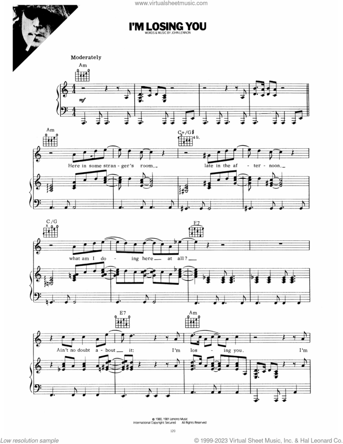 I'm Losing You sheet music for voice, piano or guitar by John Lennon, intermediate skill level