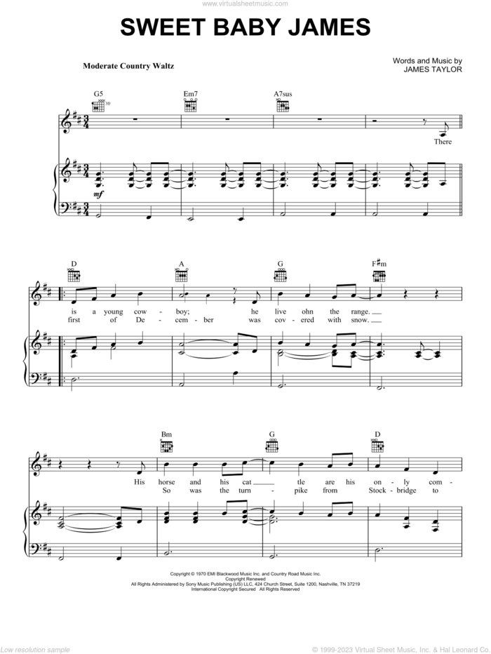 Sweet Baby James sheet music for voice, piano or guitar by James Taylor, intermediate skill level