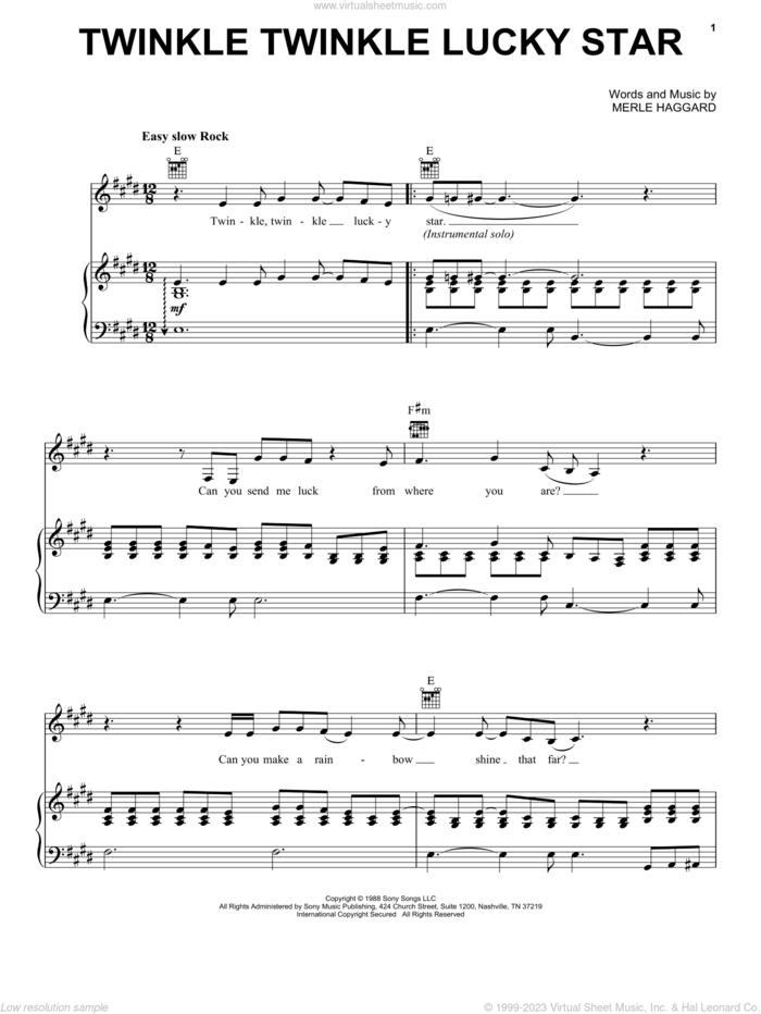Twinkle Twinkle Lucky Star sheet music for voice, piano or guitar by Merle Haggard, intermediate skill level
