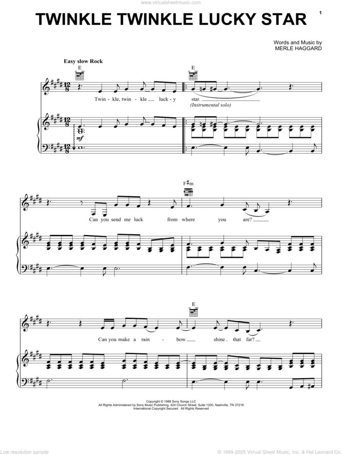 Twinkle Twinkle Lucky Star sheet music for voice, piano or guitar by Merle Haggard, intermediate skill level