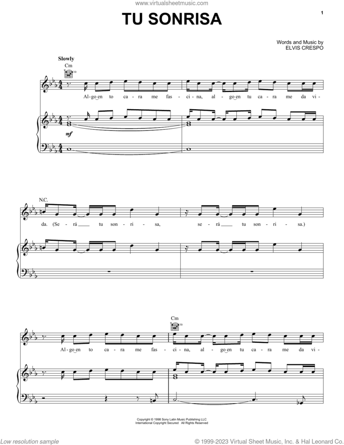 Tu Sonrisa sheet music for voice, piano or guitar by Elvis Crespo, intermediate skill level