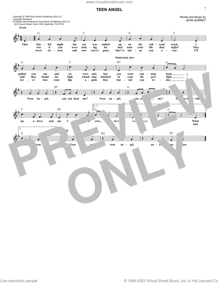 Teen Angel sheet music for voice and other instruments (fake book) by Mark Dinning and Jean Surrey, intermediate skill level