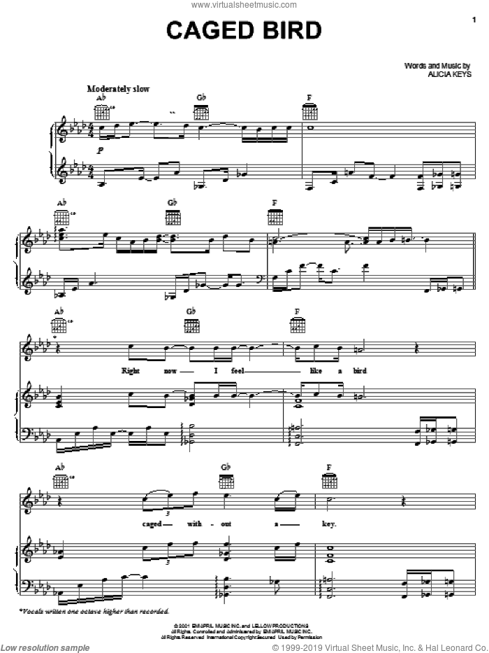 Caged Bird sheet music for voice, piano or guitar by Alicia Keys, intermediate skill level