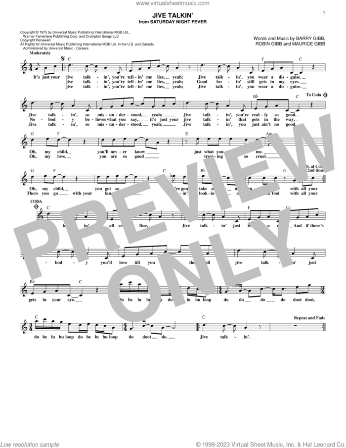 Jive Talkin' sheet music for voice and other instruments (fake book) by Bee Gees, Barry Gibb, Maurice Gibb and Robin Gibb, intermediate skill level