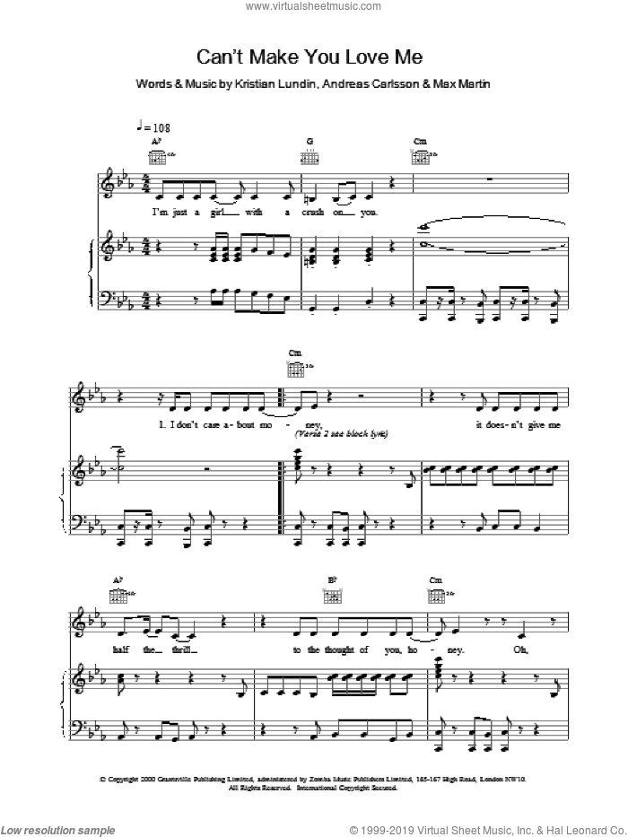 Can't Make You Love Me sheet music for voice, piano or guitar by Britney Spears, intermediate skill level