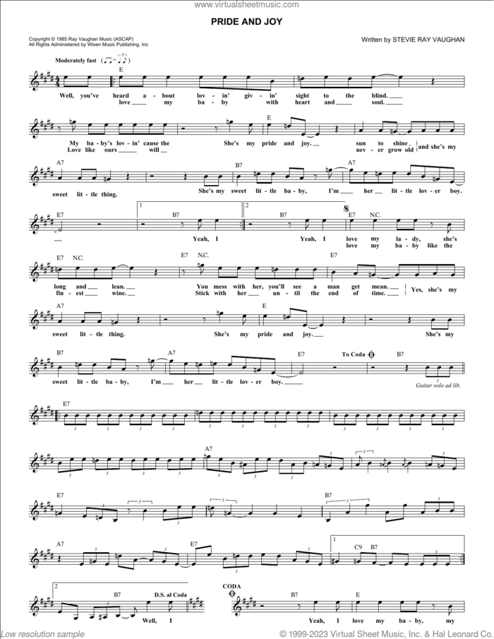 Pride And Joy sheet music for voice and other instruments (fake book) by Stevie Ray Vaughan, intermediate skill level