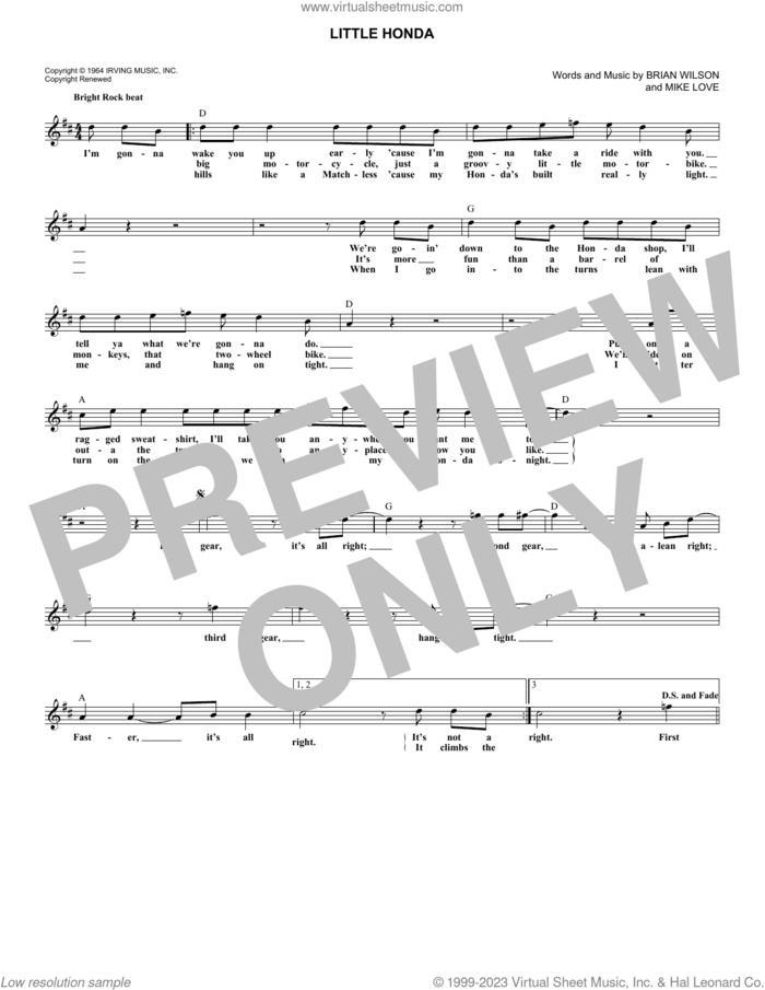 Little Honda sheet music for voice and other instruments (fake book) by The Beach Boys, Brian Wilson and Mike Love, intermediate skill level