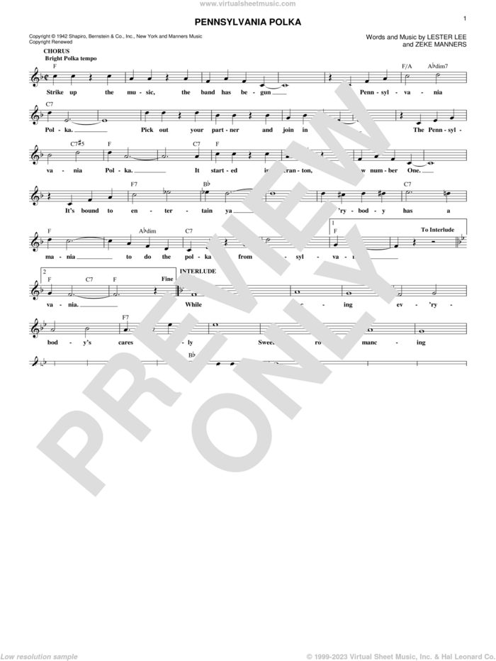 Pennsylvania Polka sheet music for voice and other instruments (fake book) by Lester Lee and Zeke Manners, intermediate skill level