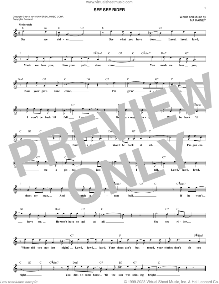 See See Rider sheet music for voice and other instruments (fake book) by Ma Rainey, intermediate skill level