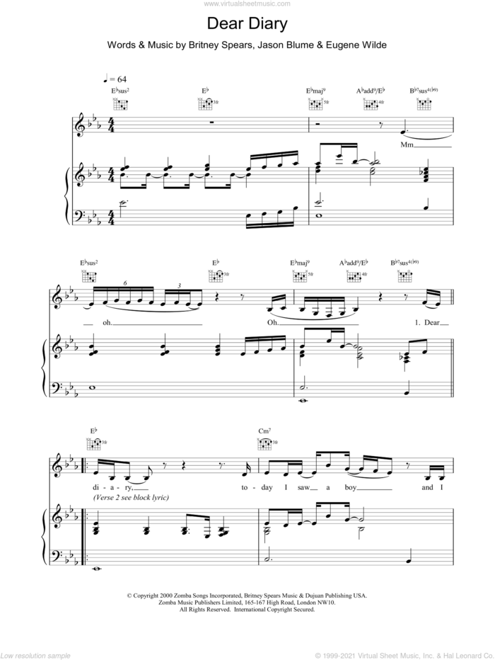 Dear Diary sheet music for voice, piano or guitar by Britney Spears, intermediate skill level